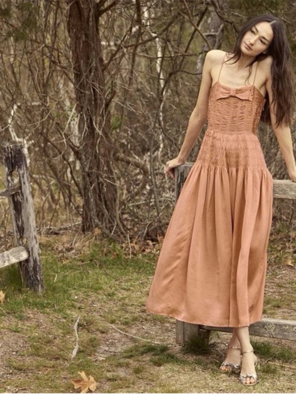Doen Ambrosia Shirred Silk Dress in Papaya Color